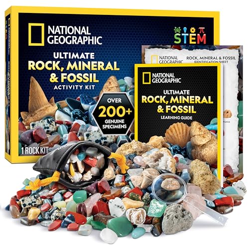 NATIONAL GEOGRAPHIC Rock Collection Box for Kids – 200 Piece Gemstones and Crystals Set Includes Geodes and Real Fossils, Rocks and Minerals Science Kit for Kids, A Geology Gift for Boys and Girls