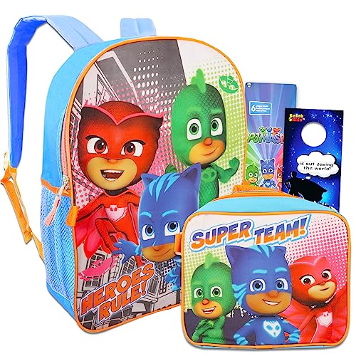 PJ Masks School Backpack With Lunch Box For Kids ~ 4 Pc Bundle With 16' PJ Masks School Bag, Lunch Bag, Stickers, And More Featuring Catboy, Owlette, And Gekko